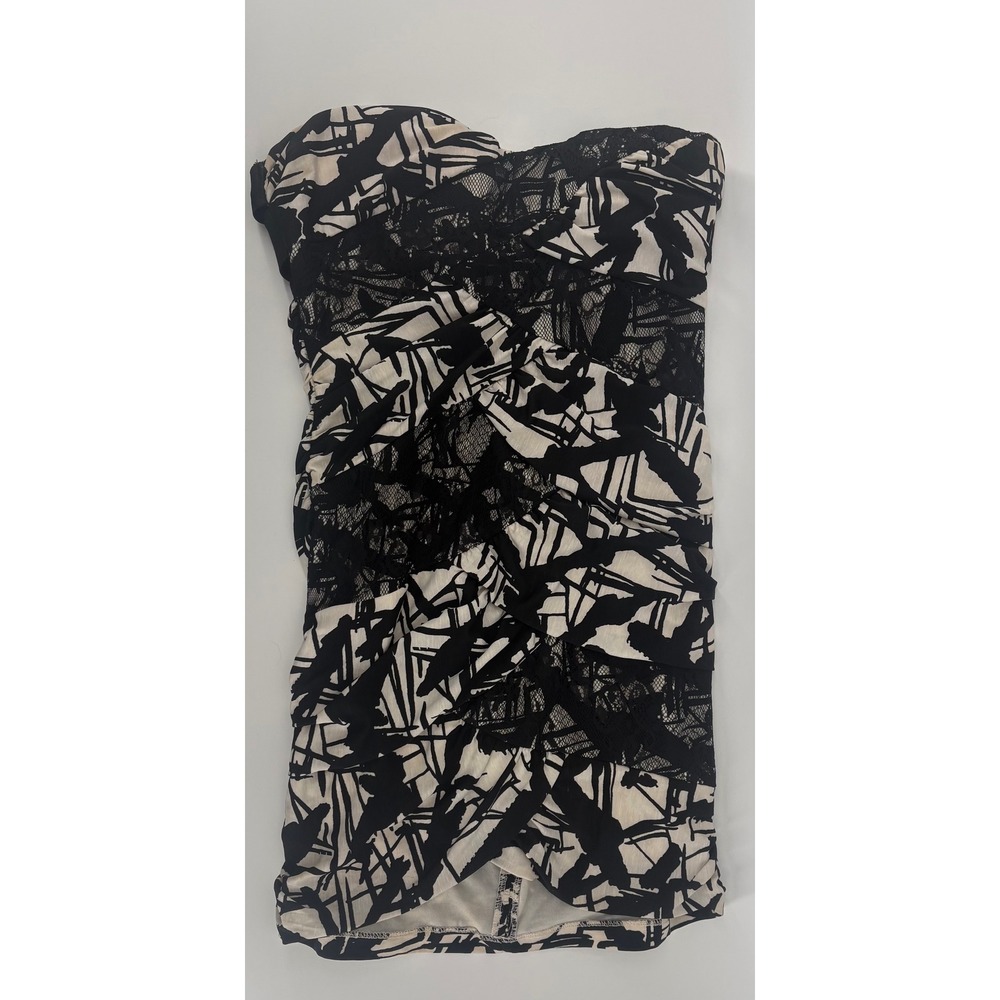 Windsor Vintage Y2K Strapless Lace Ruched Mini Dress Black White Abstract Size M